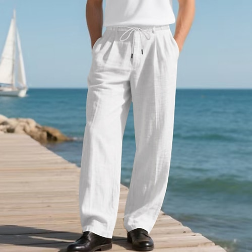 Herren Leinenhosen Hose Sommerhose Baggy-Hosen Strandhose Kordelzug Elastischer Bund Gerader Schnitt Einfach Komfort Atmungsaktiv Volle Länge Outdoor Täglich Ferien Urlaub Klassicher Stil Schwarz Weiß Image