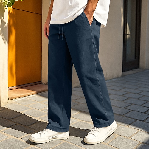 Herren Leinenhosen Hose Sommerhose Baggy-Hosen Strandhose Kordelzug Elastischer Bund Einfach Komfort Weich Volle Länge Täglich Strand Urlaub Mode Schwarz Weiß Image