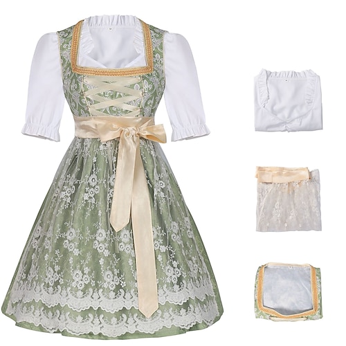 Damen Elegantes Bayerisches Dirndl Kleid Kostüm mit Spitzenschürze und Satinschbluse Champagner Gold Outfit für das Oktoberfest Festival Image