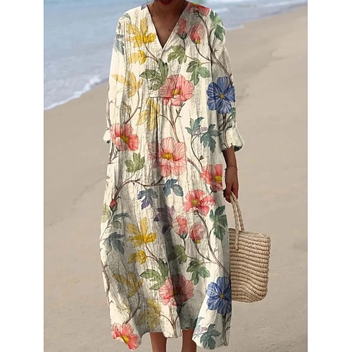 Abito midi da donna con scollo a V maniche lunghe kaftano leggero vestibilità ampia abito a trapezio casual boho festa uscita grafica floreale maniche lunghe scollo a V grigio verde rosa scuro bianco