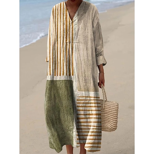Damen Midi Kleid V-Ausschnitt Lange Ärmel Kaftan Leicht Lockerer Schnitt A-Linien Kleid Lässig Boho Ausgehen Lockerer Schnitt Grafisch Lange Ärmel V-Ausschnitt Schwarz Blau Orange Khaki Image