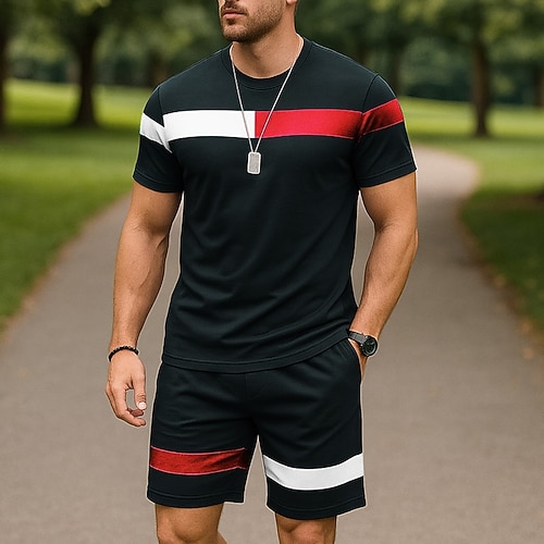 Herren T-Shirt Anzüge 2-teiliges Outfit T-Shirt und Shorts Kurzarm Rundhalsausschnitt Sommer Farbblock Mode Lässig 2 teilig Urlaub Alltagskleidung Ausgehen Schwarz Weiß Rosa Top T-Shirt für Herren Image