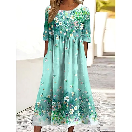 Damen Midikleid Sommerkleid Faltenkleid Urlaub Lässig Ferien Lässiger Schnitt Blumen Grafik Kurzarm Rundhalsausschnitt Rote Grün Sommer Image