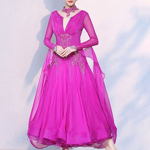 Gesellschaftstanz Kleid Kristalle / Strasssteine Damen Leistung Party Langarm Chiffon Spandex Image