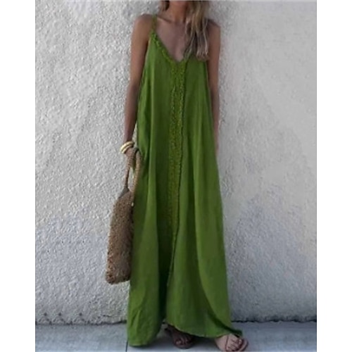 Damen Langes Kleid Maxikleid Kunstbaumwollleinen Boho-Kleid Shiftkleid Sommerkleid Vintage Mode Outdoor Party Ferien Normale Passform Einfach Ärmellos V Ausschnitt Braun Grün Hellgrau Dunkelgray Image
