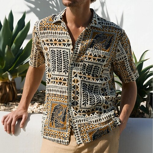 Herren Geometrisch Ethik / Afrikanisch Hemd Knopfhemd Kurzarm Vintage-Retro Urlaub Alltagskleidung Strandbekleidung Sommer Frühling Umlegekragen 3D-Druck Leinenähnliches Hemd Blau Khaki Image