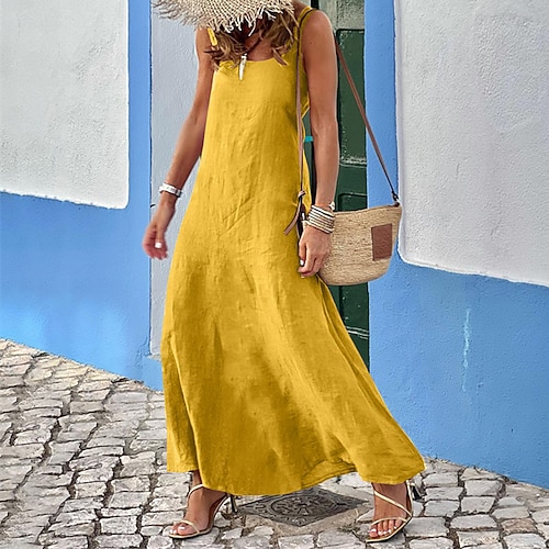 Damen Langes Kleid Maxikleid Maxikleid Kleider in Leinenoptik Shiftkleid Sommerkleid Freizeitkleid Mode Outdoor Party Ferien Normale Passform Einfach Kurzarm Spaghettiträger Gelb Rote Grün Sommer Image