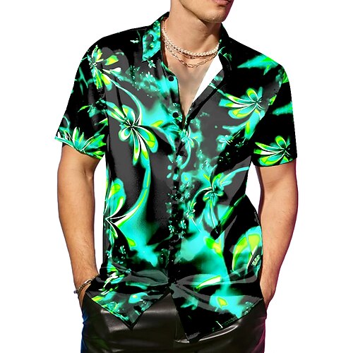 Herren Blumendruck Neon Blumen Satinhemd Kleidhemd Knopfhemd Kurzarm Modisch lässig Urlaub Party-Abendmode Täglich Sommer Frühling Umlegekragen Hemden mit Kragen Knopf hoch 3D-Druck Purpur Grün Image