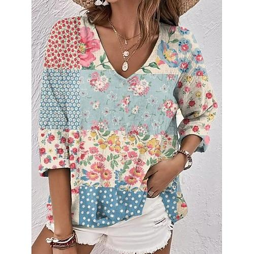 Damen Bluse Blumen Grafik Bohemien Vintage Täglich Dreiviertelarm V Ausschnitt Normale Oberteile Täglich Knöpfe Druck Blau Sommer Frühling