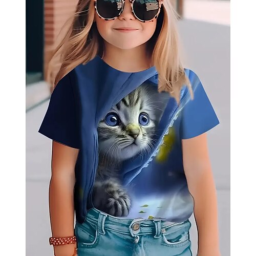 Mädchen 3D Katze T-Shirt Kurzarm Sommer Frühling Mode Basic Kinder 4-12 Jahre Rundhalsausschnitt Outdoor Lässig Täglich Normale Passform Image