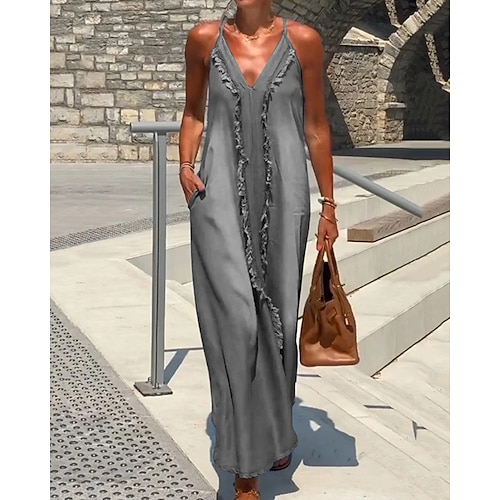 Damen Langes Kleid Maxikleid Kunstbaumwollleinen Boho-Kleid Sommerkleid Baumwoll-Leinen-Kleider Vintage Mode Outdoor Party Ferien Normale Passform Ombre Ärmellos V Ausschnitt Blau Schwarz Weiß Violett Image