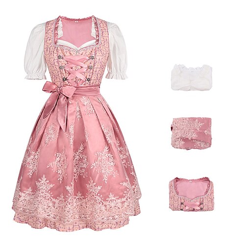 Damen Bayerisches Dirndl Kleid Kostüm mit Spitze Schürze und Bluse Pink Satin Stickerei Outfit für das Oktoberfest Festival Image