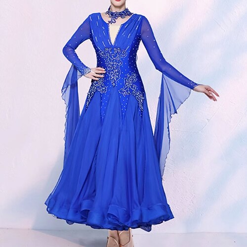 Gesellschaftstanz Kleid Kristalle / Strasssteine Damen Leistung Party Langarm Chiffon Spandex Image