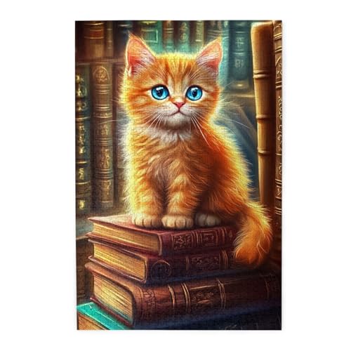 Liorosa Funny Cat Among Antique Books Jigsaw Puzzles For Adults 1000 Pieces,Wooden Puzzle With Vintage Library Ambience,Every Piece Is Unique,Relax Yourself,Enjoy The Puzzle Solving Process