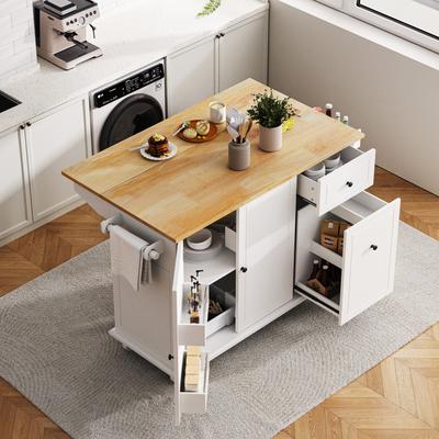 Kitchen Island with 3 Tier Pull Out Cabinet, Drop Leaf Breakfast Bar on Locking Wheels with 1 Drawer & Internal Storage Racks