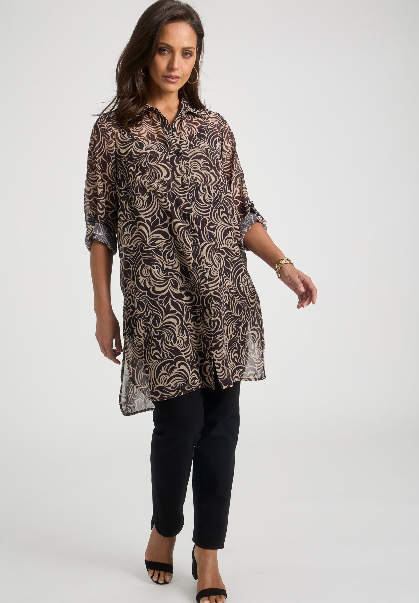 Plus Size Women's Sheer Georgette Mega Tunic by Jessica London in Khaki Scroll (Size 34 W) Long Sheer Button Down Shirt