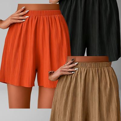 TEMU Women's 3pcs Solid Color Casual Wide-leg Shorts, Spring/summer S Jogging And Playing Shorts With Elastic Waistband Image
