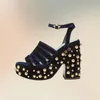 Gold Stern Nieten Schwarz Cord Plattform Sandalen Schnalle Frauen Schuhe Chunky High Heels Party