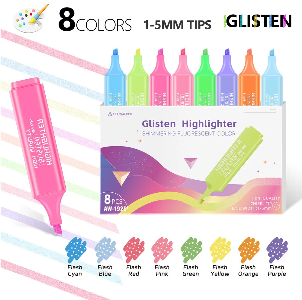 Glitzer-Textmarker, 8er-Pack, Keilspitze, niedliche Textmarker für die Schule, Textmarker-Ästhetik, niedliche Marker Image