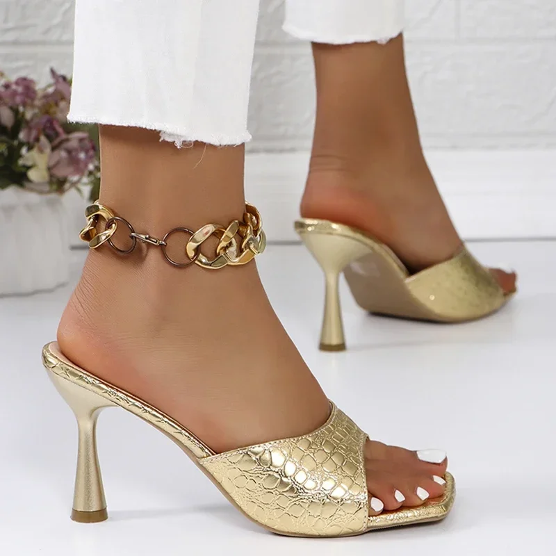 Luxus Gold Silber High Heels Sandalen Frauen 2025, Slip Auf Karree Sommer Hausschuhe Frau Plus Größe 43, Dünne Absätze Party Schuhe