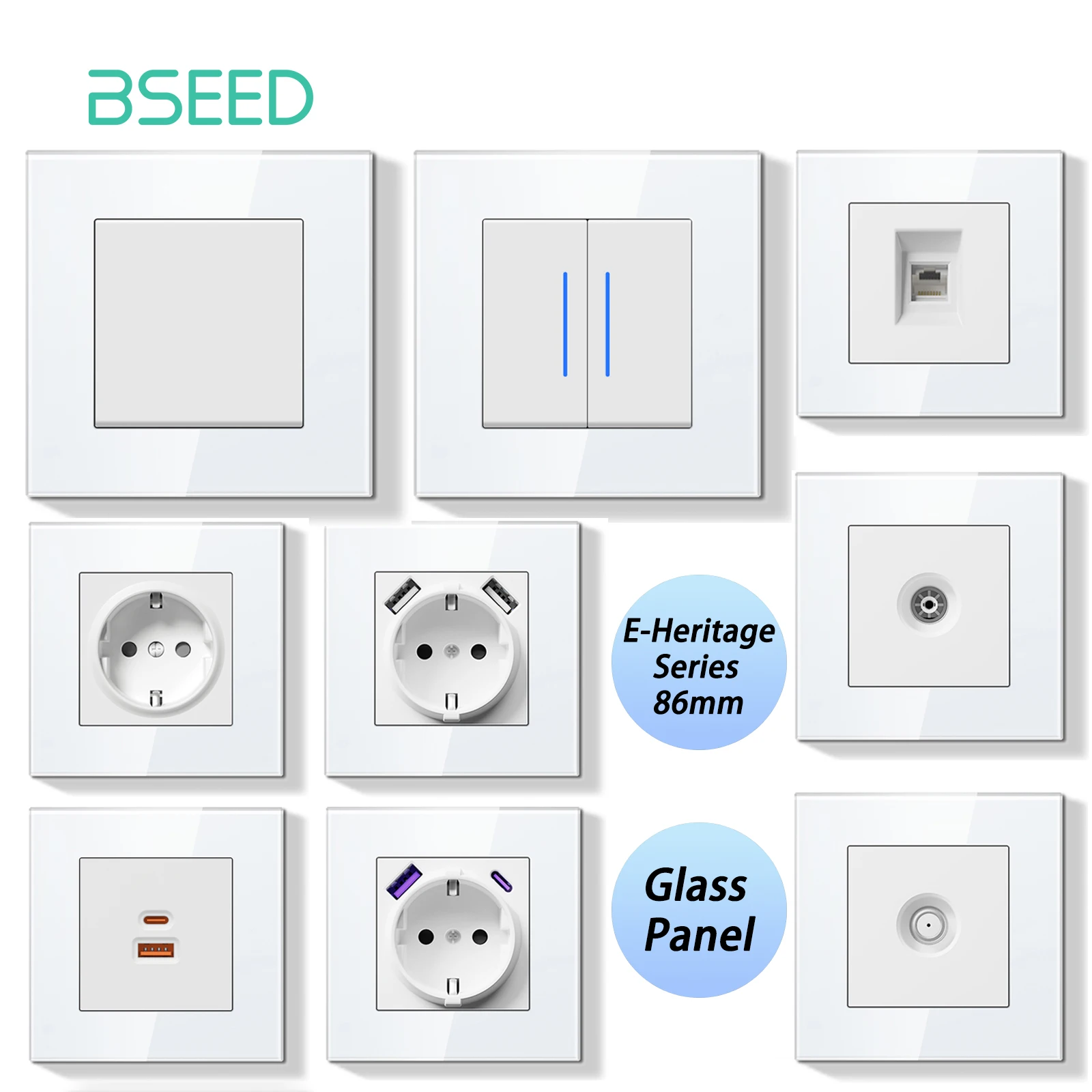 BSEED E-Serie Mechanischer Knopfschalter 1/2 Gang Lichtschalter Wand EU-Buchse ST TV-Buchse Glasscheibenschalter mit LED-Anzeige Image