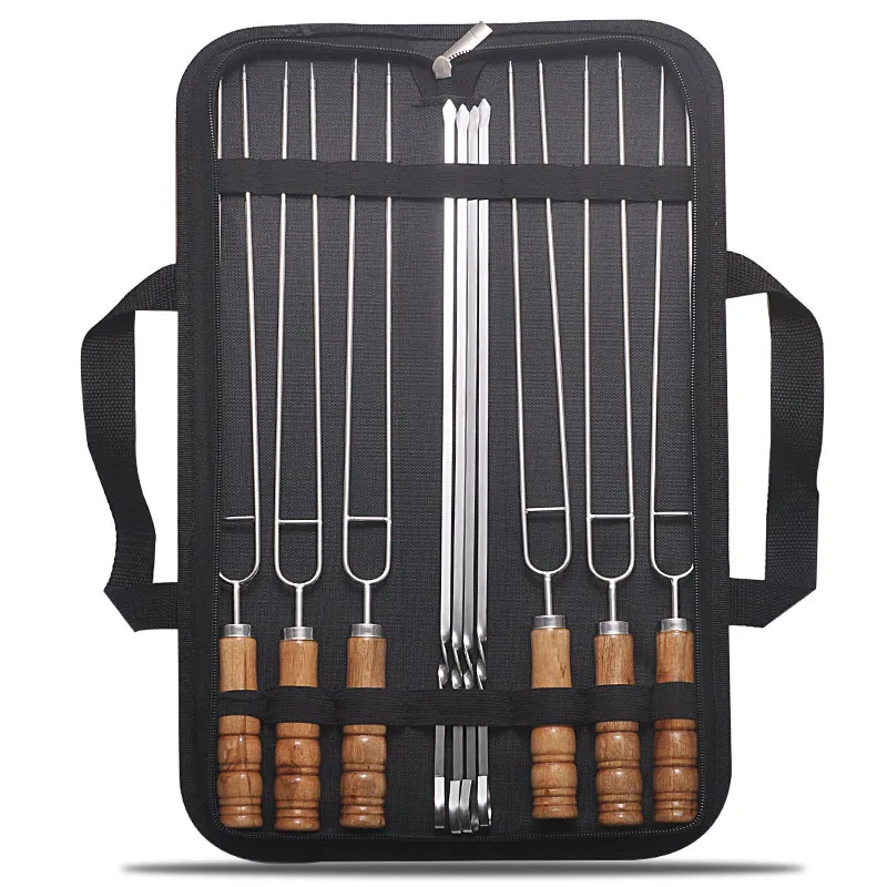BBQ-Spieße-Set, wiederverwendbarer Edelstahl-Stick, praktische Grillspieße, 10-teilig, für Zuhause, Outdoor, Camping, Holzgriff Image