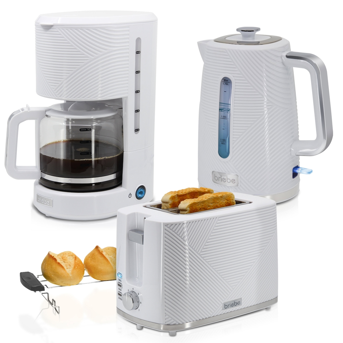 Briebe Elegance Set Toaster 2 Scheiben Wasserkocher 1,7L Filterkaffeemaschine 10 Tassen, SKT1178WHT, Weiß Image