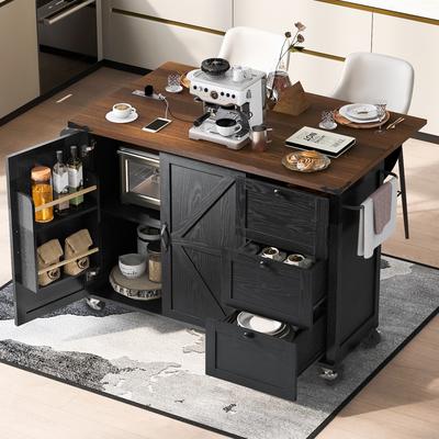 Roomfitters 53.5''Farmhouse Kitchen Island with Power Outlet, Kitchen Storage Island with Drop Leaf, Rolling Kitchen Cart
