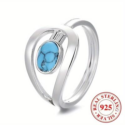 TEMU [1pc 925 Sterling Silver Turquoise Ring] 1pc Vintage Elegant Bohemian Style 925 Sterling Silver Turquoise Ring, , Silver-plated, Versatile For And Parties Image
