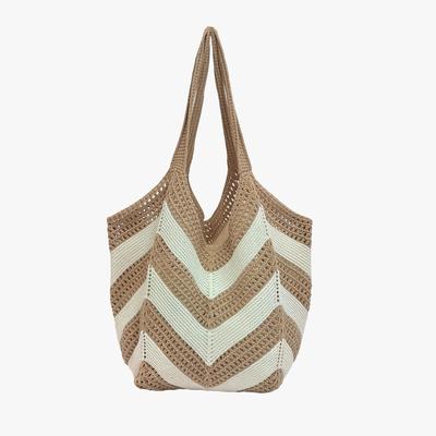 TEMU Large Vintage Knit Tote Bag For Women - Spacious Crochet Shoulder Bag With Fixed Straps, Lightweight & Durable For Travel, Beach, And Everyday Use, Beige & White Chevron Pattern, Handwash Or Image
