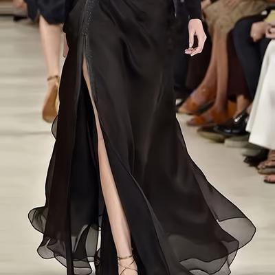 TEMU Elegant High-waist Maxi Skirt For Women - Black, Flowing Design With Side Slit, Machine Washable, All , Sophisticated And Stylish Look Image