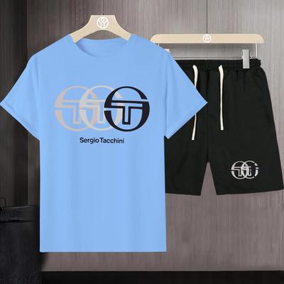 TEMU Print, Men's Heavyweight Short Sleeve Shorts 2pcs Set, Casual Fashion Outdoor Summer Suit, New Breathable Round Neck T-shirt And Sports Shorts, Regular Image