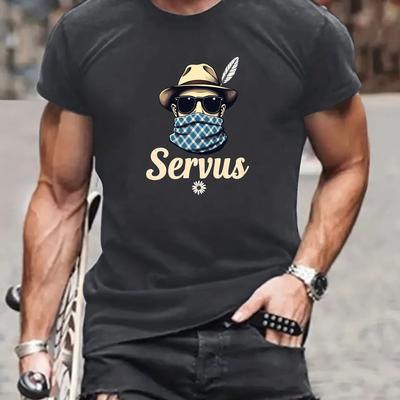 TEMU Men's Casual Summer T-shirt - Servus Print With , Short Sleeve, Polyester Blend, Round Neck, Lightweight & Breathable For Casual Attire, Casual T Shirts Image