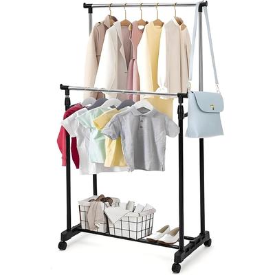 TEMU Clothes Rack Portable Hanger With Wheels Clothes Rack With Wheels Mute Hanger Double Rod Adjustable Hanger 90-160cm Retractable Hanger For Bedroom Living Room Washroom Black Image