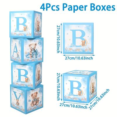 TEMU 4pcs Blue Little Bear Balloon Boxes, 27cm, Paper Shower Party Decoration, Birthday Wedding Gender Reveal Background Decor, Bear Theme Party Pack Image