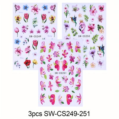 TEMU 3 Sheets Flamingo Hibiscus Nail Stickers 3d Vibrant Plants Manicure Decals Diy Nail Art Decoration Image