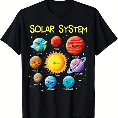 TEMU Solar System Cute Face Planets Space Science Teacher School T-shirt Comfortable, Casual Short Sleeve, , , Black, Men 220g Image