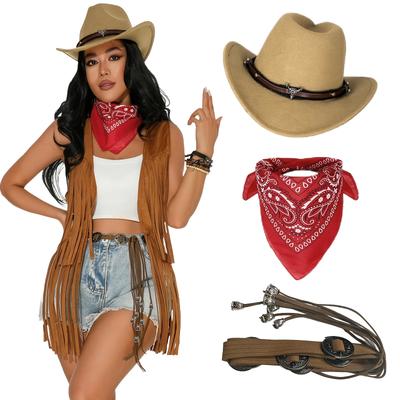 TEMU 3pcs Women's Western Cowboy Suit Set - Includes Hat, Scarf, Belt & Jeans - Polyester, No Feathers - Ideal For Events And Parties Image