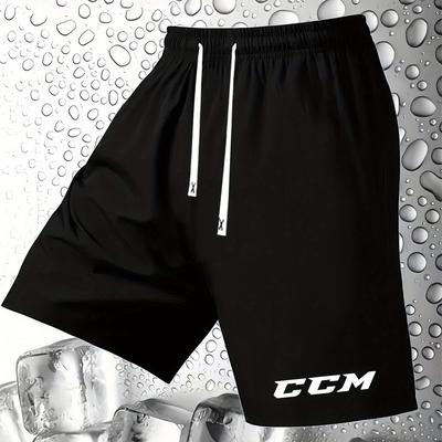 "TEMU Men's Casual Summer Shorts With "ccm" Print - Black, Drawstring Waist, Pockets, Lightweight & Breathable Fabric For , Casual Summer Wear|minimalist Shorts|stretchable Fabric" Image