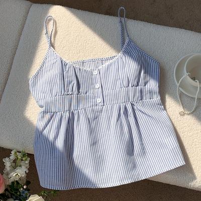 TEMU Women's Y2k Summer Striped Button-front Camisole Top - Lightweight 100% Polyester Half- Sleeveless Shirt, Regular Fit Blouse For Wear Image