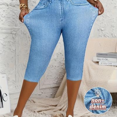 TEMU Plus Size - Women's Plus Size Stretchy Slim-fit Capri Pants With Digital Denim Print - Light Blue, High-waisted, Comfortable & Stylish For Spring/summer, High Waisted Capri Pants Image