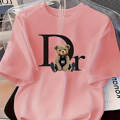 TEMU Women's Casual Elegant T-shirt - Soft Short Sleeve Round Neck Top With Dr Letter & Teddy Bear Graphic, , Machine Washable, Ladies T-shirts, Casual Wear, Style, Stylish Casualwear Image