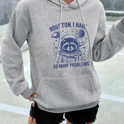 "TEMU I Have So Many Problems " Women's Gray Hoodie - Casual Polyester Pullover With Astronaut & , Front Pocket, Machine Washable For Fall/winter" Image