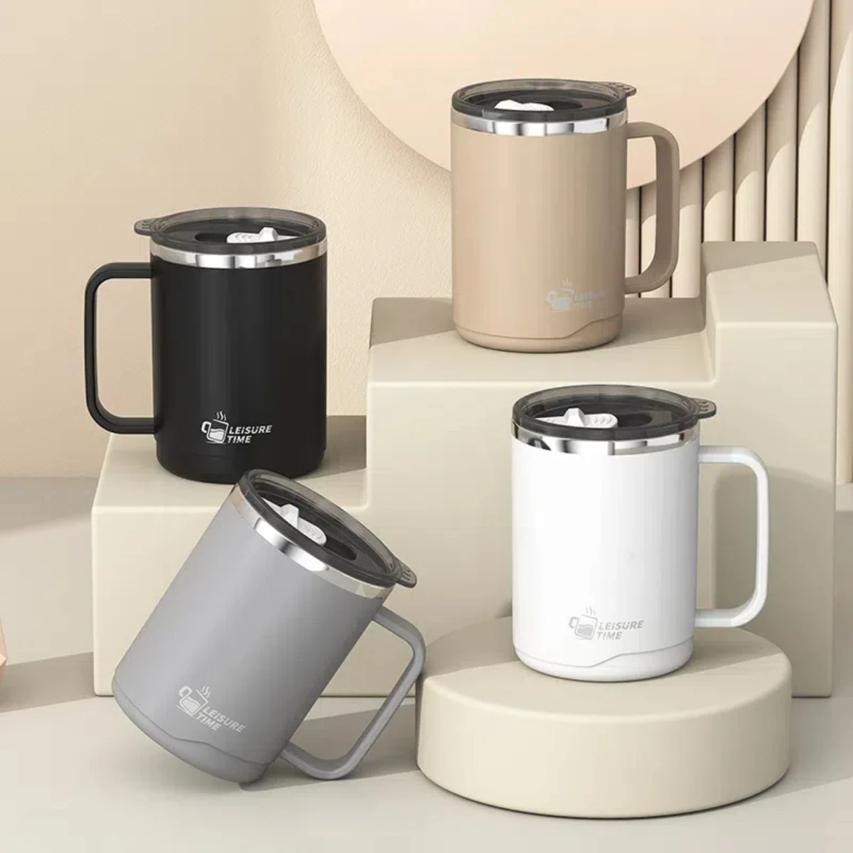 WORTHBUY Doppelwandige isolierte Kaffeetasse aus Edelstahl 304 mit Griff Tragbarer versiegelter Wasser becher mit großer Kapazität Image