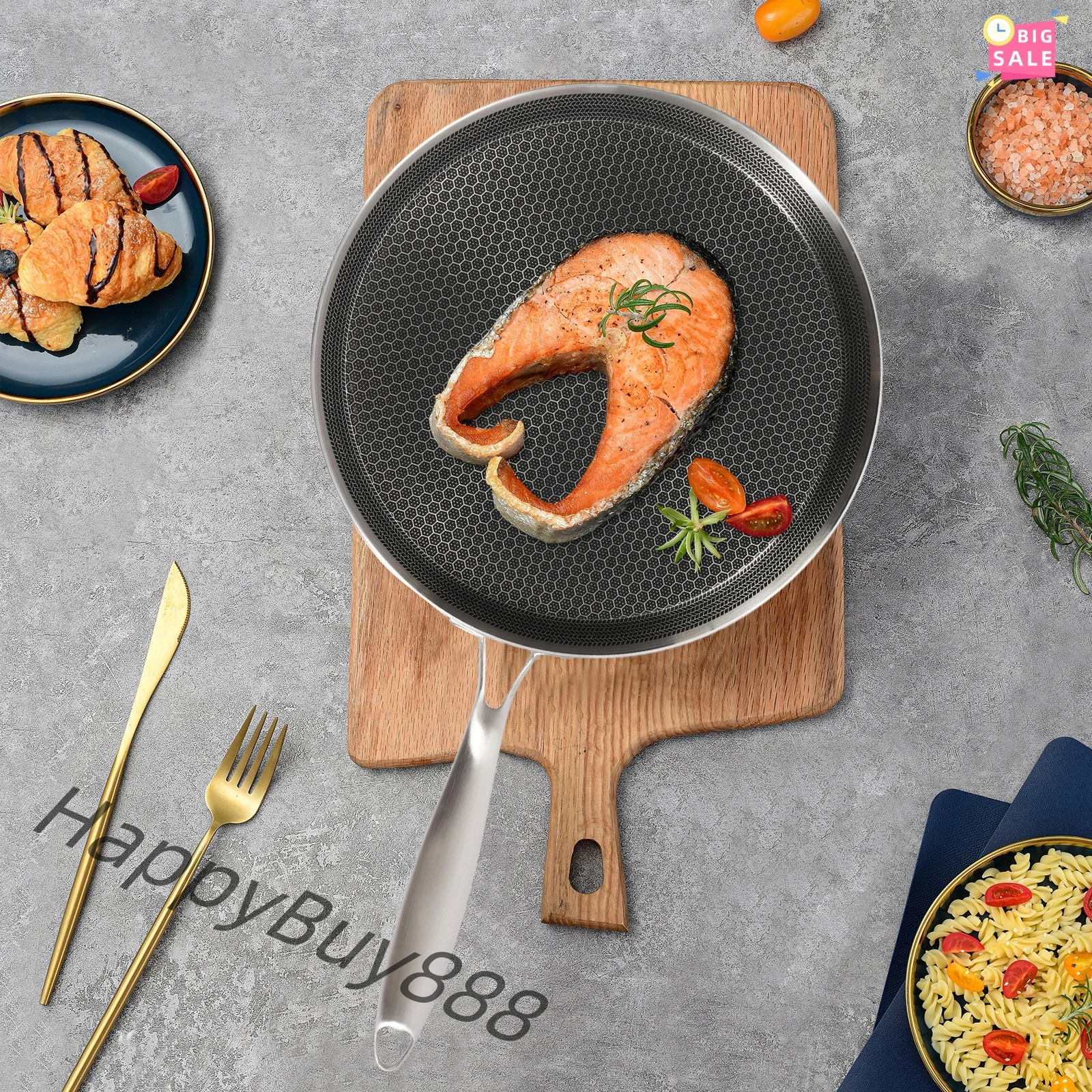 Bratpfanne aus Edelstahl 304, Pfannkuchenpfanne, antihaftbeschichtet, Wokpfanne, Steak, Kochtopf, Pfanne, Topf, Induktion, einseitig, Wabenstruktur Image