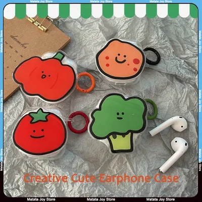 Kreative Tomaten-Brokkoli-Kopfhörerhülle mit lächelndem Gesicht für AirPods Pro 2, Kopfhörer-Schutzhülle, niedliche transparente Farbe, Cartoon Image