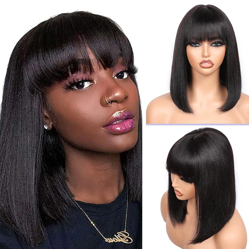 Schwarze Yaki-Perücke mit geradem Bob, kurze Yaki-Bob-Perücke mit Pony, schulterlange Bob-Synthetikperücke für Frauen