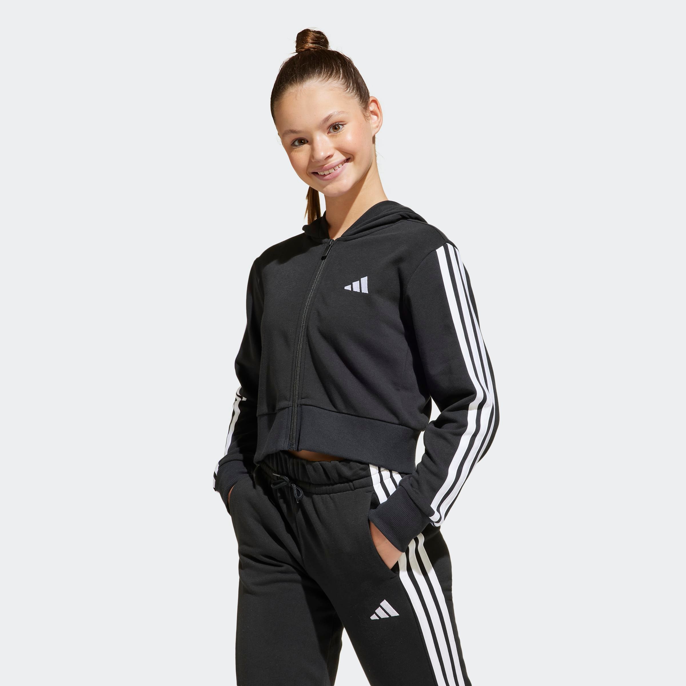 Kapuzensweatshirt ADIDAS SPORTSWEAR "JG 3S FT FZ CRO", Kinder, Gr. 170, schwarz-weiß (schwarz, weiß), Obermaterial: 70% Baumwolle, 30% Polyester, Sportlich, Sweatshirts Image
