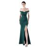 Jerseykleid MODA MINX "Zara Off Shoulder Dress", Damen, Gr. XL, EURO-Größen, grün (dunkelgrün), 100% Polyester, unifarben, elegant, lang, Carmenausschnitt, ohne Ärmel, Kleider, im schulterfreien Design