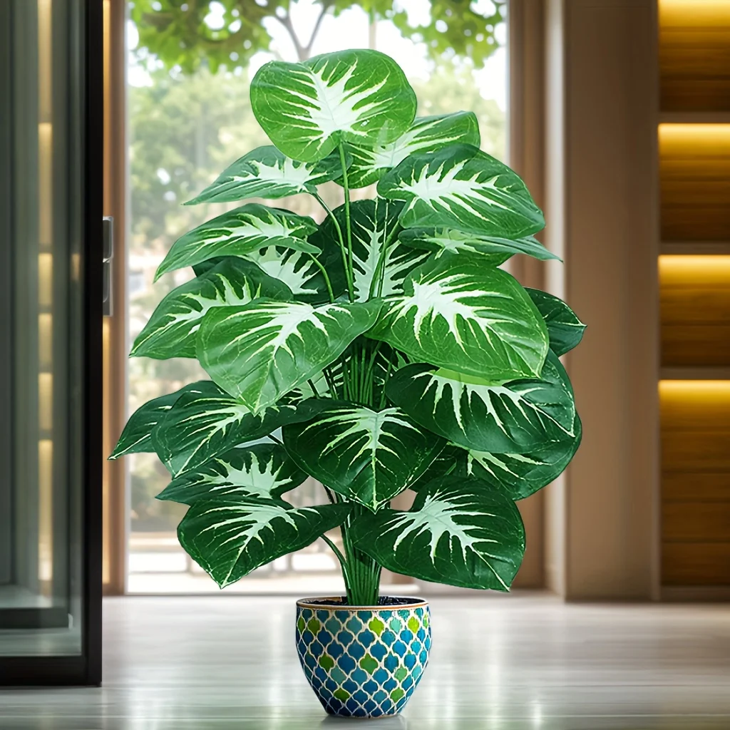 Eine künstliche Außenpflanzen mit 18 großen Blättern, geeignet für Heimdekoration, Pflanzen-Innenfrühlings-Palmen-Dekoration ohne Töpfe